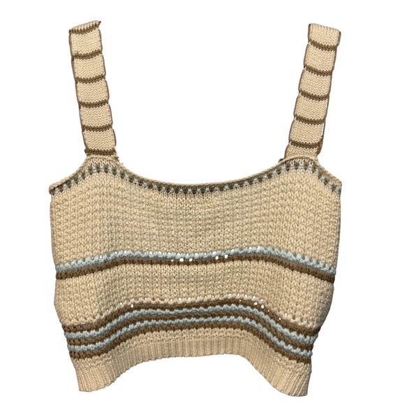 Knit Cropped Tank Striped S Boho Festival Summer Sheer Beach Clean Girl Beige - Picture 5 of 9